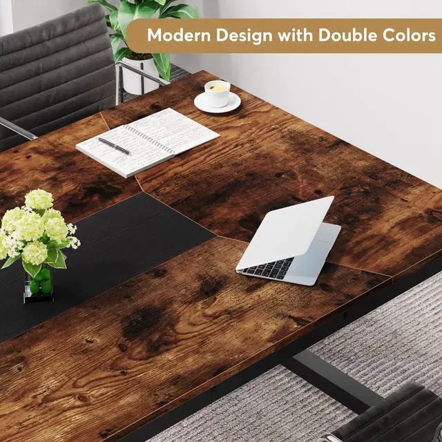 Alt view image 6 of 7 - Conference Table, 6FT Meeting Seminar Table Rectangular Meeting Room Table, 78.7L x 39.4W x 30.3H, Rustic Brown/Black