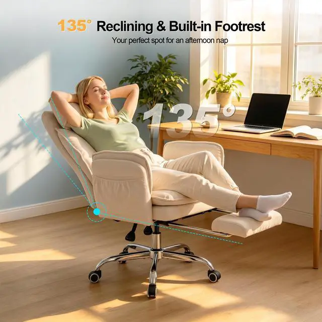 Alt view image 4 of 7 - Office Chair with Flip Armrests & Foot Rest,Criss Cross Legged Home Office Desk Chair with Pet Seat,Ergonomic Reclining Computer Gaming Chair,High Back Executive Chair with Lumbar Pillow(White)