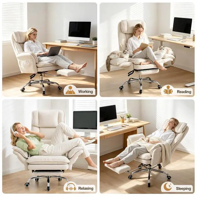 Alt view image 5 of 7 - Office Chair with Flip Armrests & Foot Rest,Criss Cross Legged Home Office Desk Chair with Pet Seat,Ergonomic Reclining Computer Gaming Chair,High Back Executive Chair with Lumbar Pillow(White)