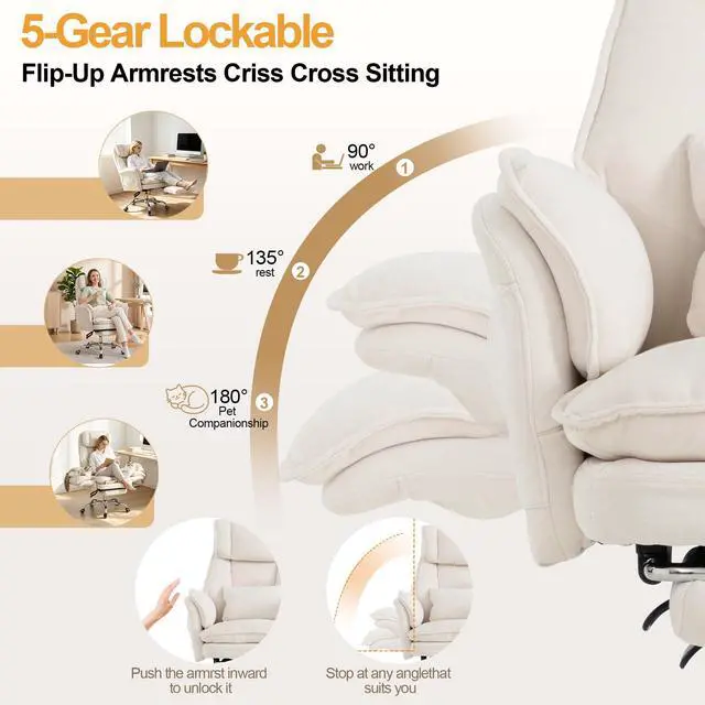 Alt view image 6 of 7 - Office Chair with Flip Armrests & Foot Rest,Criss Cross Legged Home Office Desk Chair with Pet Seat,Ergonomic Reclining Computer Gaming Chair,High Back Executive Chair with Lumbar Pillow(White)