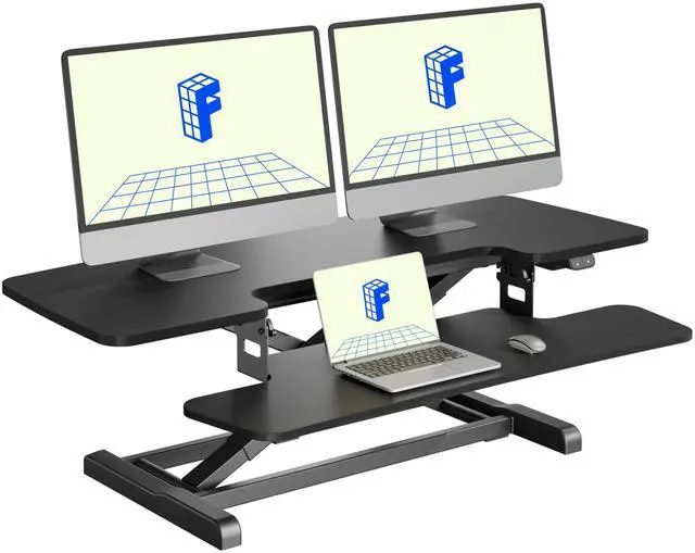 Main image of 42" Electric Standing Desk Converter, Motorized Sit to Stand Desk Riser, Height Adjustable Desktop Dual Monitor Workstation with Large Keyboard Tray, Black