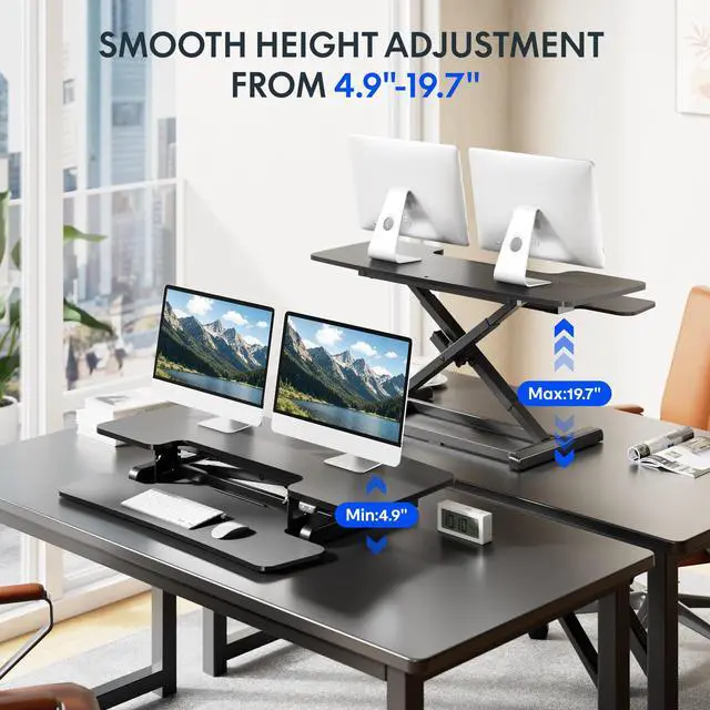 Alt view image 4 of 7 - 42" Electric Standing Desk Converter, Motorized Sit to Stand Desk Riser, Height Adjustable Desktop Dual Monitor Workstation with Large Keyboard Tray, Black