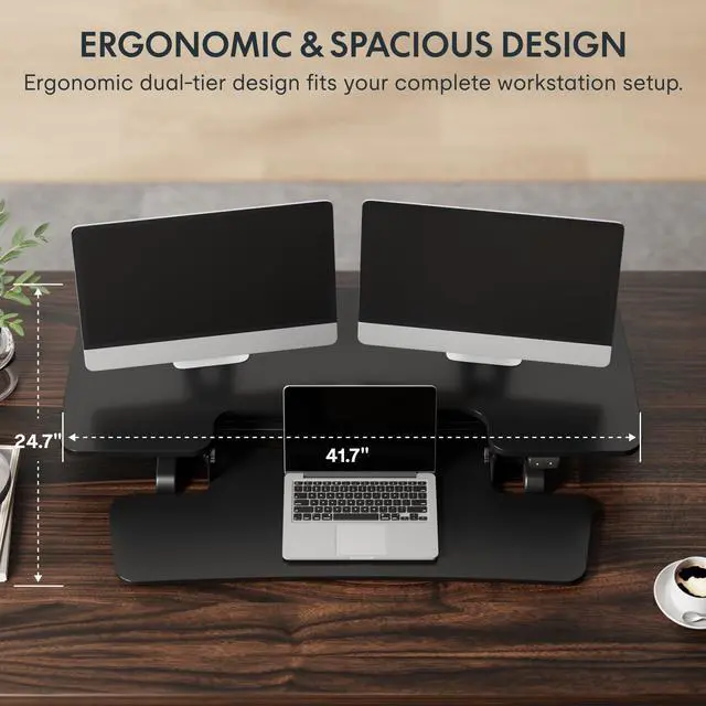 Alt view image 5 of 7 - 42" Electric Standing Desk Converter, Motorized Sit to Stand Desk Riser, Height Adjustable Desktop Dual Monitor Workstation with Large Keyboard Tray, Black