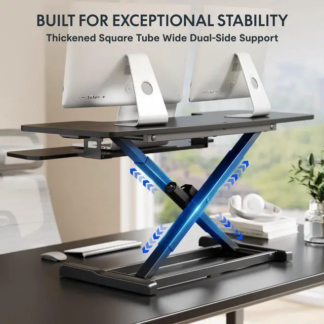 Alt view image 6 of 7 - 42" Electric Standing Desk Converter, Motorized Sit to Stand Desk Riser, Height Adjustable Desktop Dual Monitor Workstation with Large Keyboard Tray, Black