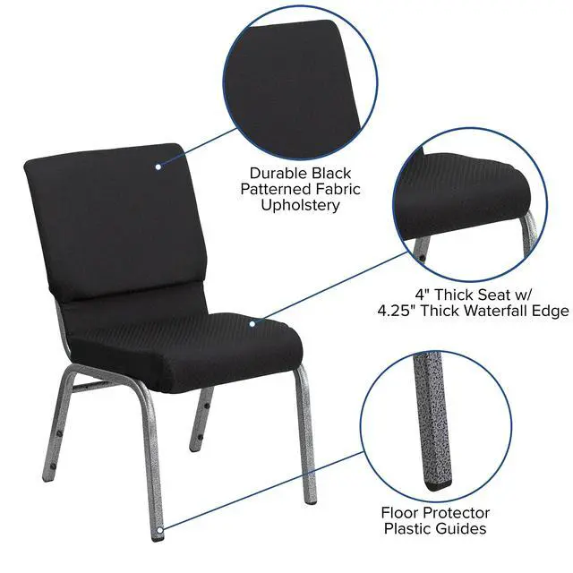 Alt view image 4 of 7 - Black Patterned 18.5" W Stacking Church Chair, 4-Pack | Silver Vein Frame, Fabric Upholstery