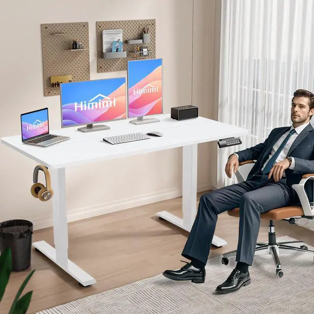 Alt view image 2 of 7 - Hmimi 48'' ×24'' Height Adjustable Electric Standing Desk | Lockable Wheels, 4 Memory Presets, 2 Cable Holes, 2 Hooks, Free 40''×18'' Mouse Pad, Anti-Collision System, White