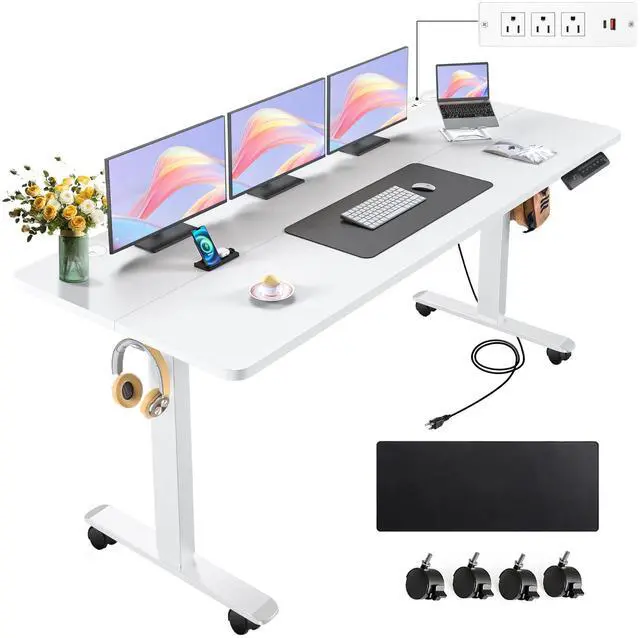 Main image of Electric Standing Desk Adjustable Height, 63 x 24In with Power Outlets and USB Ports, Stand up Desk with 39x18in Mouse Pad, Dual Beam Structure, 4 Wheels,4 Memory Heights Easy to Set(White)