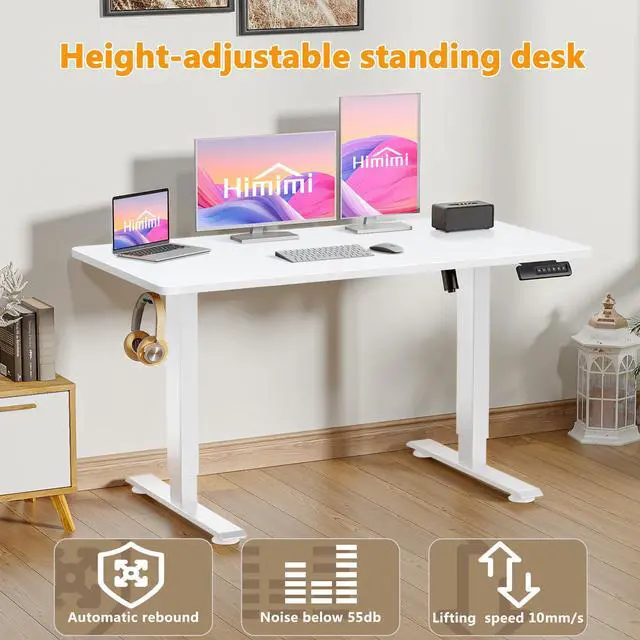 Alt view image 5 of 7 - Hmimi 48'' ×24'' Height Adjustable Electric Standing Desk | Lockable Wheels, 4 Memory Presets, 2 Cable Holes, 2 Hooks, Free 40''×18'' Mouse Pad, Anti-Collision System, White