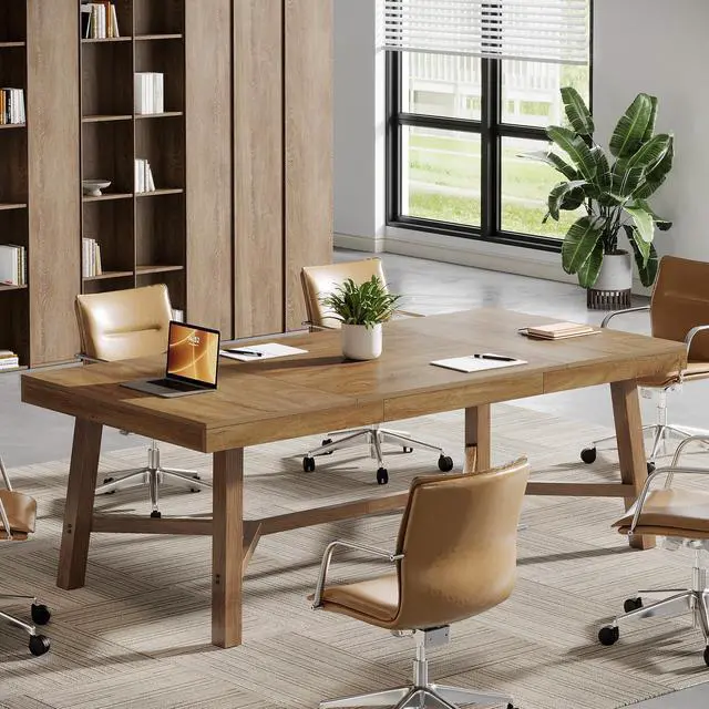 Alt view image 3 of 7 - 6 ft Conference Table for 6-8 People, 70.87-Inch Rectangle Meeting Seminar Table with Reinforced Metal Legs, Business Furniture Boardroom Desk for Office Conference Room, Light Brown