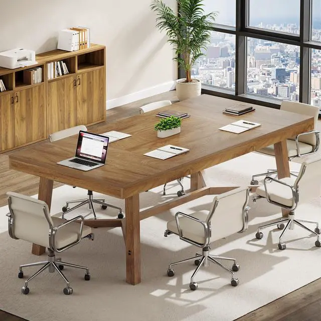 Alt view image 4 of 7 - 6 ft Conference Table for 6-8 People, 70.87-Inch Rectangle Meeting Seminar Table with Reinforced Metal Legs, Business Furniture Boardroom Desk for Office Conference Room, Light Brown