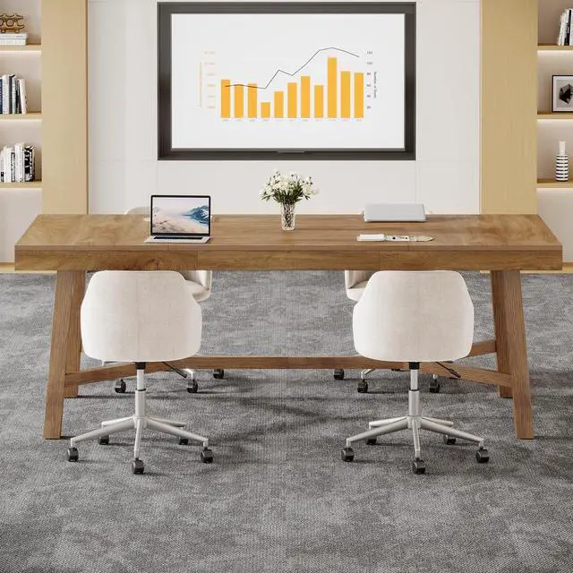 Alt view image 5 of 7 - 6 ft Conference Table for 6-8 People, 70.87-Inch Rectangle Meeting Seminar Table with Reinforced Metal Legs, Business Furniture Boardroom Desk for Office Conference Room, Light Brown