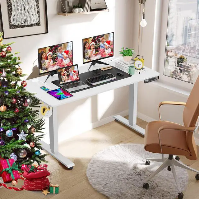 Alt view image 4 of 7 - Electric Standing Desk Adjustable Height, 63 x 24In with Power Outlets and USB Ports, Stand up Desk with 39x18in Mouse Pad, Dual Beam Structure, 4 Wheels,4 Memory Heights Easy to Set(White)