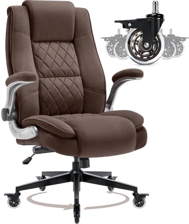 Main image of Fabric High Back Office Chair, Thick Padded Ergonomic Computer Desk Chair | Lockable Quiet Casters, Adjustable Lumbar Support & Flip-Up Arms, 400LBS Capacity, Wide Executive Chair for Back Pain