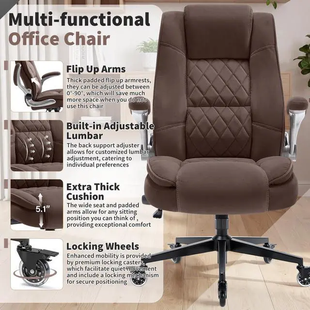 Alt view image 4 of 7 - Fabric High Back Office Chair, Thick Padded Ergonomic Computer Desk Chair | Lockable Quiet Casters, Adjustable Lumbar Support & Flip-Up Arms, 400LBS Capacity, Wide Executive Chair for Back Pain