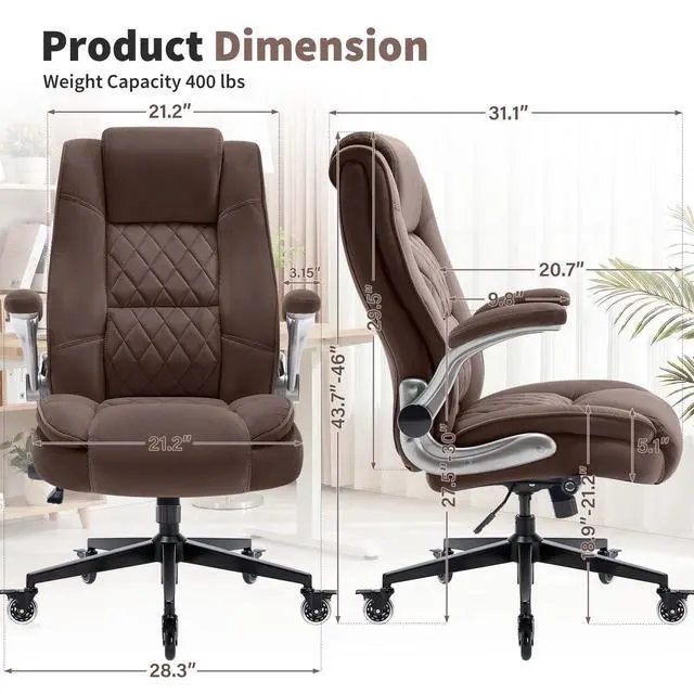 Alt view image 3 of 7 - Fabric High Back Office Chair, Thick Padded Ergonomic Computer Desk Chair | Lockable Quiet Casters, Adjustable Lumbar Support & Flip-Up Arms, 400LBS Capacity, Wide Executive Chair for Back Pain