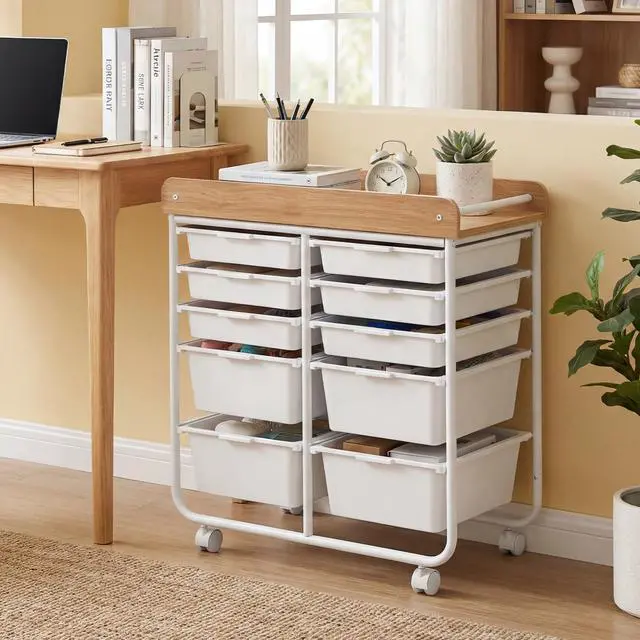 Alt view image 2 of 7 - 10-Drawer Rolling Cart Mobile Storage Organizer | Wooden Top,Metal Frame,Lockable Wheels,Built-in Handles,For Office Study School Classroom