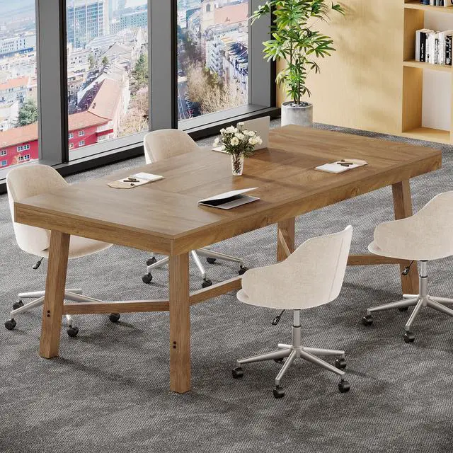 Alt view image 7 of 7 - 6 ft Conference Table for 6-8 People, 70.87-Inch Rectangle Meeting Seminar Table with Reinforced Metal Legs, Business Furniture Boardroom Desk for Office Conference Room, Light Brown