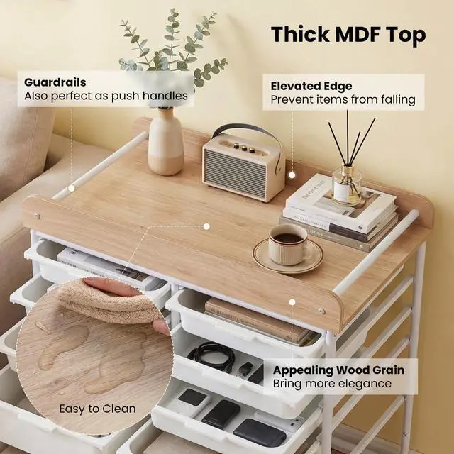 Alt view image 4 of 7 - Rolling Cart with Drawers, 10 Drawer Rolling Storage Cart with Wooden Tabletop, Metal Frame & Lockable Wheels, Craft Organizers and Storage for Home Office Classroom (White, 10 Drawer)