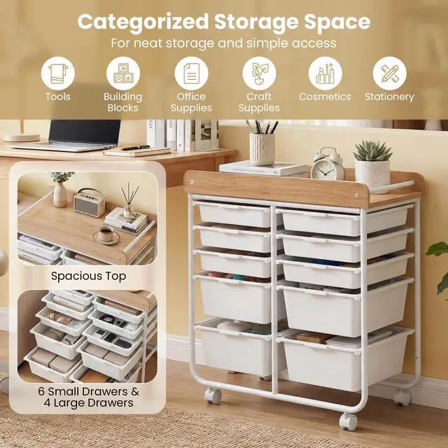 Alt view image 6 of 7 - Rolling Cart with Drawers, 10 Drawer Rolling Storage Cart with Wooden Tabletop, Metal Frame & Lockable Wheels, Craft Organizers and Storage for Home Office Classroom (White, 10 Drawer)
