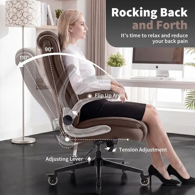 Alt view image 6 of 7 - Fabric High Back Office Chair, Thick Padded Ergonomic Computer Desk Chair | Lockable Quiet Casters, Adjustable Lumbar Support & Flip-Up Arms, 400LBS Capacity, Wide Executive Chair for Back Pain