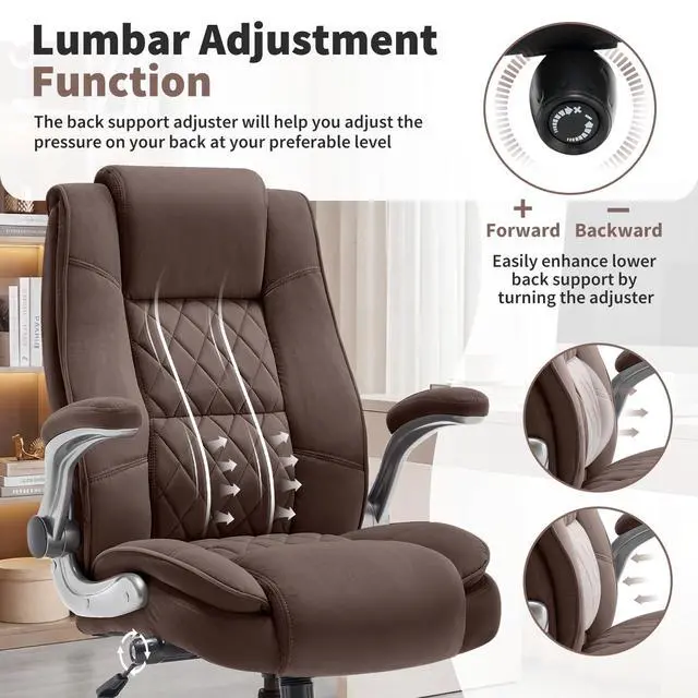 Alt view image 7 of 7 - Fabric High Back Office Chair, Thick Padded Ergonomic Computer Desk Chair | Lockable Quiet Casters, Adjustable Lumbar Support & Flip-Up Arms, 400LBS Capacity, Wide Executive Chair for Back Pain