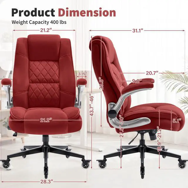 Alt view image 3 of 7 - Fabric High Back Office Chair, Thick Padded Ergonomic Computer Desk Chair | Lockable Quiet Casters, Adjustable Lumbar Support & Flip-Up Arms, 400LBS Capacity, Wide Executive Chair for Back Pain