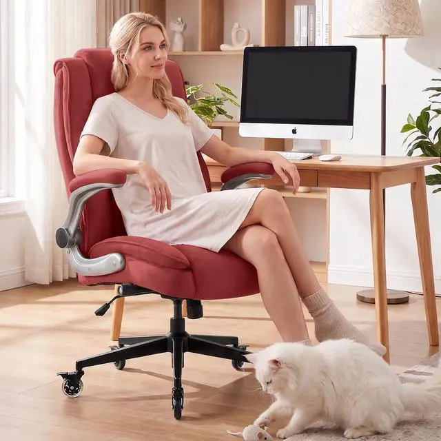 Alt view image 2 of 7 - Fabric High Back Office Chair, Thick Padded Ergonomic Computer Desk Chair | Lockable Quiet Casters, Adjustable Lumbar Support & Flip-Up Arms, 400LBS Capacity, Wide Executive Chair for Back Pain