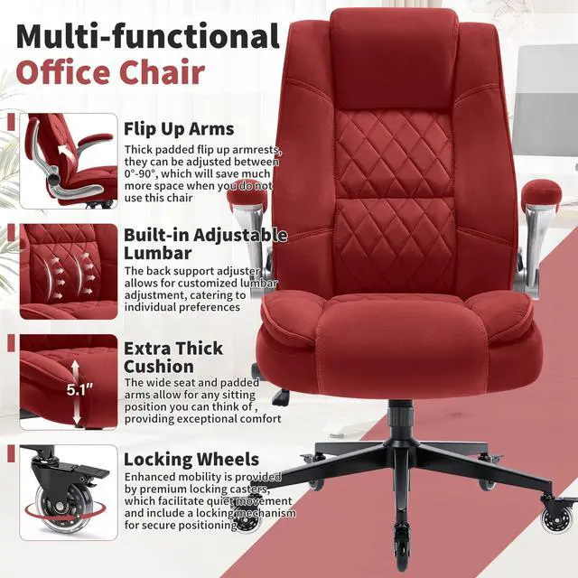 Alt view image 4 of 7 - Fabric High Back Office Chair, Thick Padded Ergonomic Computer Desk Chair | Lockable Quiet Casters, Adjustable Lumbar Support & Flip-Up Arms, 400LBS Capacity, Wide Executive Chair for Back Pain
