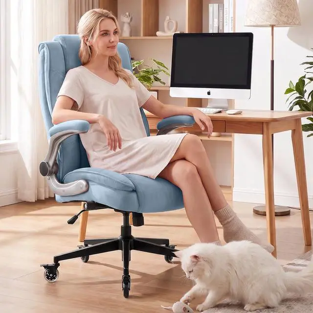 Alt view image 2 of 7 - Fabric High Back Office Chair, Thick Padded Ergonomic Computer Desk Chair | Lockable Quiet Casters, Adjustable Lumbar Support & Flip-Up Arms, 400LBS Capacity, Wide Executive Chair for Back Pain