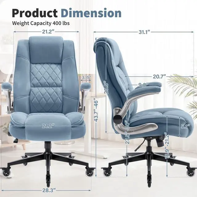 Alt view image 3 of 7 - Fabric High Back Office Chair, Thick Padded Ergonomic Computer Desk Chair | Lockable Quiet Casters, Adjustable Lumbar Support & Flip-Up Arms, 400LBS Capacity, Wide Executive Chair for Back Pain