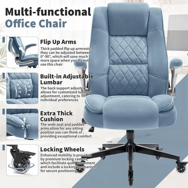 Alt view image 4 of 7 - Fabric High Back Office Chair, Thick Padded Ergonomic Computer Desk Chair | Lockable Quiet Casters, Adjustable Lumbar Support & Flip-Up Arms, 400LBS Capacity, Wide Executive Chair for Back Pain