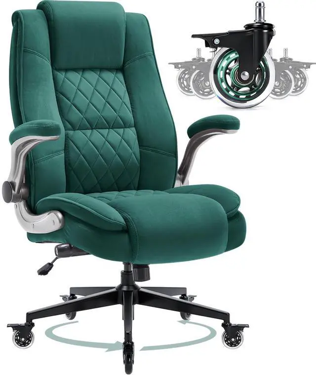Main image of Fabric High Back Office Chair, Thick Padded Ergonomic Computer Desk Chair | Lockable Quiet Casters, Adjustable Lumbar Support & Flip-Up Arms, 400LBS Capacity, Wide Executive Chair for Back Pain