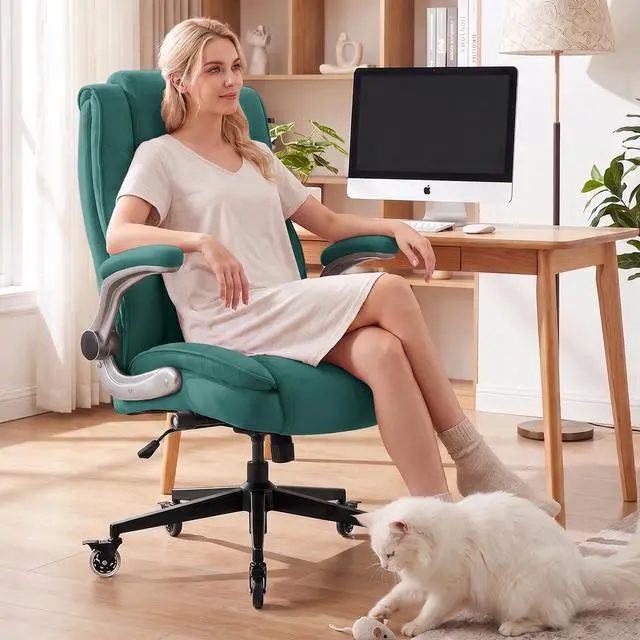 Alt view image 2 of 7 - Fabric High Back Office Chair, Thick Padded Ergonomic Computer Desk Chair | Lockable Quiet Casters, Adjustable Lumbar Support & Flip-Up Arms, 400LBS Capacity, Wide Executive Chair for Back Pain