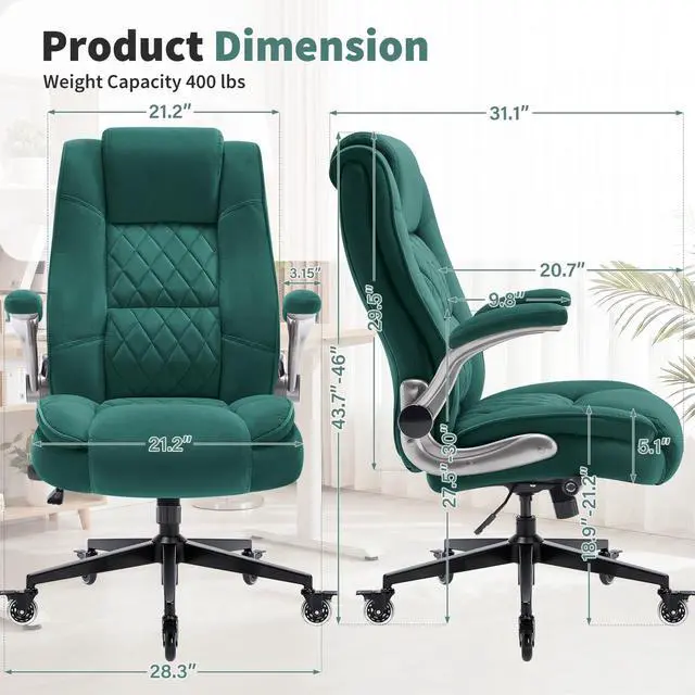 Alt view image 3 of 7 - Fabric High Back Office Chair, Thick Padded Ergonomic Computer Desk Chair | Lockable Quiet Casters, Adjustable Lumbar Support & Flip-Up Arms, 400LBS Capacity, Wide Executive Chair for Back Pain
