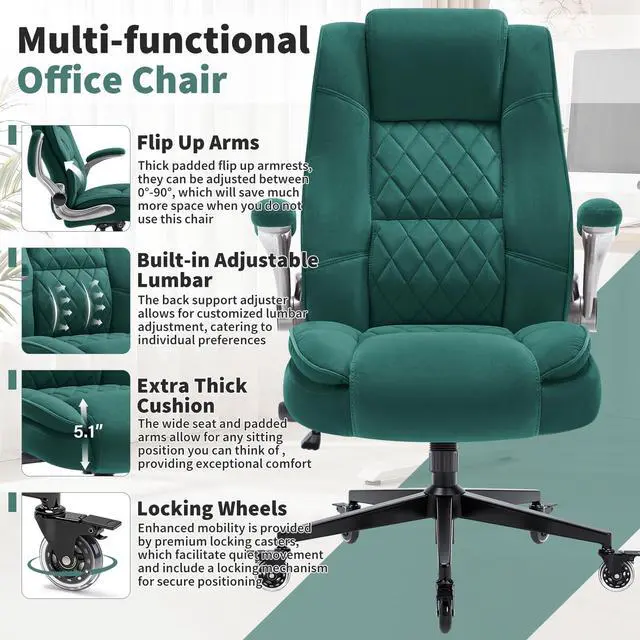 Alt view image 4 of 7 - Fabric High Back Office Chair, Thick Padded Ergonomic Computer Desk Chair | Lockable Quiet Casters, Adjustable Lumbar Support & Flip-Up Arms, 400LBS Capacity, Wide Executive Chair for Back Pain