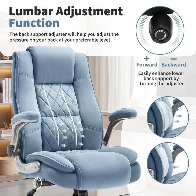 Alt view image 7 of 7 - Fabric High Back Office Chair, Thick Padded Ergonomic Computer Desk Chair | Lockable Quiet Casters, Adjustable Lumbar Support & Flip-Up Arms, 400LBS Capacity, Wide Executive Chair for Back Pain