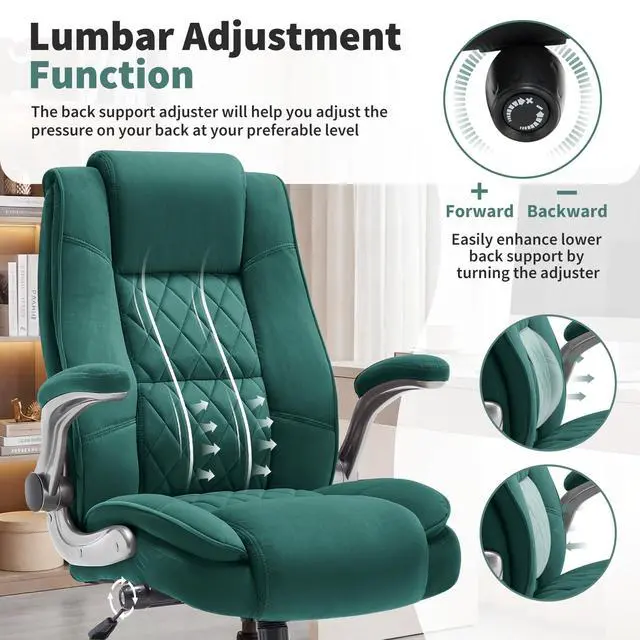 Alt view image 7 of 7 - Fabric High Back Office Chair, Thick Padded Ergonomic Computer Desk Chair | Lockable Quiet Casters, Adjustable Lumbar Support & Flip-Up Arms, 400LBS Capacity, Wide Executive Chair for Back Pain