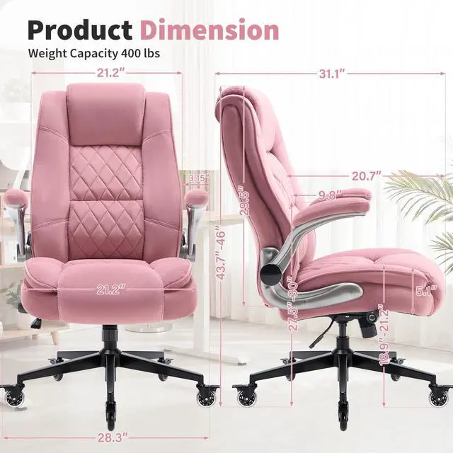 Alt view image 3 of 7 - Fabric High Back Office Chair, Thick Padded Ergonomic Computer Desk Chair | Lockable Quiet Casters, Adjustable Lumbar Support & Flip-Up Arms, 400LBS Capacity, Wide Executive Chair for Back Pain