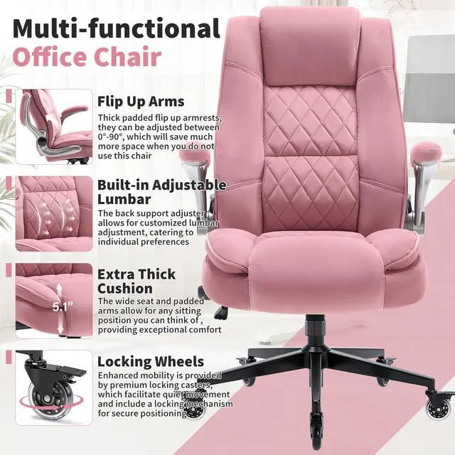 Alt view image 4 of 7 - Fabric High Back Office Chair, Thick Padded Ergonomic Computer Desk Chair | Lockable Quiet Casters, Adjustable Lumbar Support & Flip-Up Arms, 400LBS Capacity, Wide Executive Chair for Back Pain