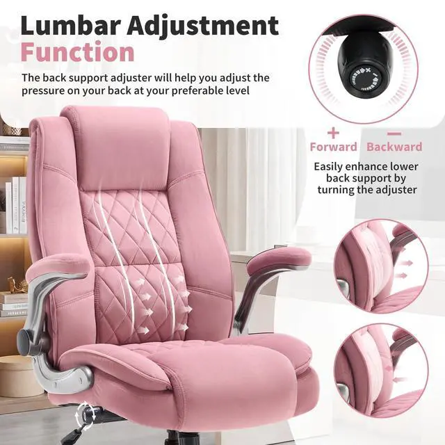 Alt view image 7 of 7 - Fabric High Back Office Chair, Thick Padded Ergonomic Computer Desk Chair | Lockable Quiet Casters, Adjustable Lumbar Support & Flip-Up Arms, 400LBS Capacity, Wide Executive Chair for Back Pain