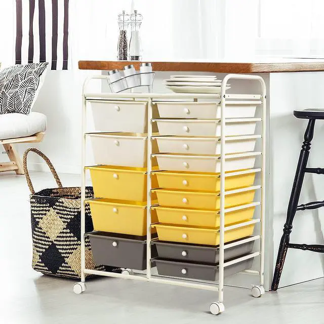 Alt view image 3 of 7 - 15-Drawer Rolling Storage Cart, Mobile Utility Cart on Wheels, Removable & 2-Sized Storage Drawers for Home, Study, Office, School,Paper Organizer (Yellow)