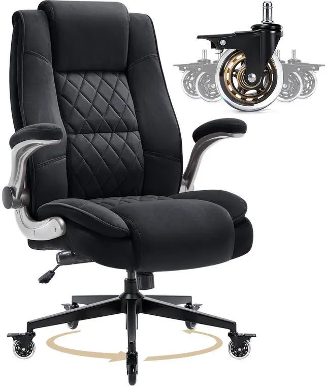 Main image of Fabric High Back Office Chair, Thick Padded Ergonomic Computer Desk Chair | Lockable Quiet Casters, Adjustable Lumbar Support & Flip-Up Arms, 400LBS Capacity, Wide Executive Chair for Back Pain