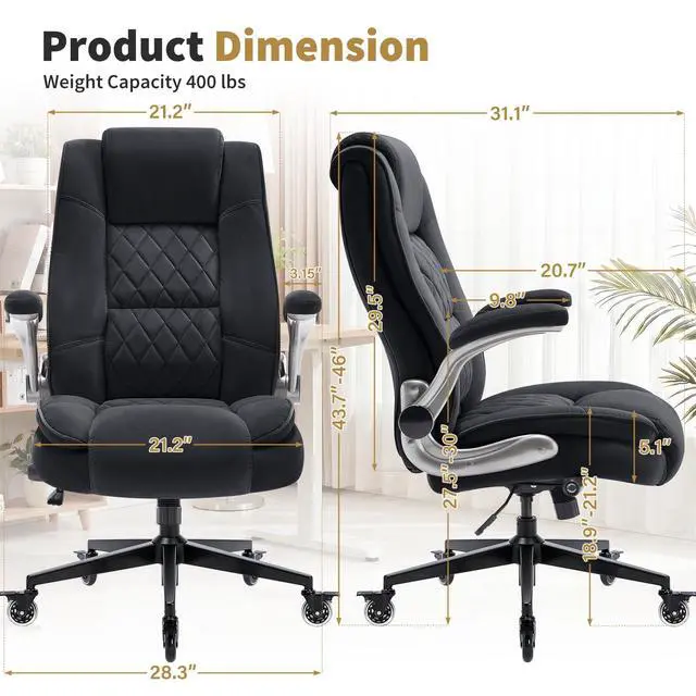Alt view image 3 of 7 - Fabric High Back Office Chair, Thick Padded Ergonomic Computer Desk Chair | Lockable Quiet Casters, Adjustable Lumbar Support & Flip-Up Arms, 400LBS Capacity, Wide Executive Chair for Back Pain