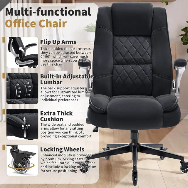 Alt view image 4 of 7 - Fabric High Back Office Chair, Thick Padded Ergonomic Computer Desk Chair | Lockable Quiet Casters, Adjustable Lumbar Support & Flip-Up Arms, 400LBS Capacity, Wide Executive Chair for Back Pain