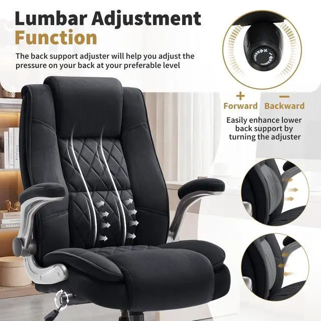 Alt view image 7 of 7 - Fabric High Back Office Chair, Thick Padded Ergonomic Computer Desk Chair | Lockable Quiet Casters, Adjustable Lumbar Support & Flip-Up Arms, 400LBS Capacity, Wide Executive Chair for Back Pain