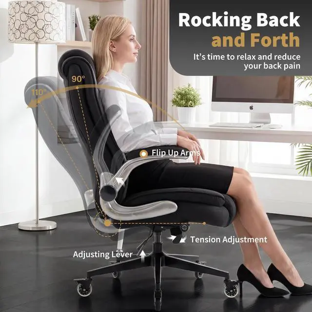 Alt view image 6 of 7 - Fabric High Back Office Chair, Thick Padded Ergonomic Computer Desk Chair | Lockable Quiet Casters, Adjustable Lumbar Support & Flip-Up Arms, 400LBS Capacity, Wide Executive Chair for Back Pain