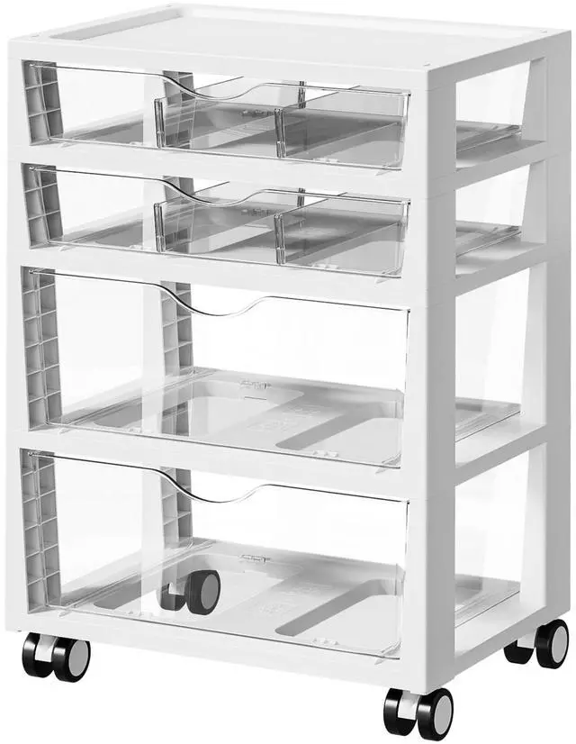 Main image of 4-Tier Plastic Drawer Storage Rolling Cart with Wheels | Clear Drawers, Multiple Size Storage, Visible Organization, Sturdy for Under Desk, Office, Makeup, Crafts & Art Storage