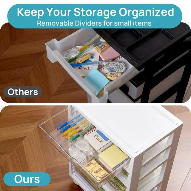 Alt view image 3 of 7 - 4-Tier Plastic Drawer Storage Rolling Cart with Wheels | Clear Drawers, Multiple Size Storage, Visible Organization, Sturdy for Under Desk, Office, Makeup, Crafts & Art Storage