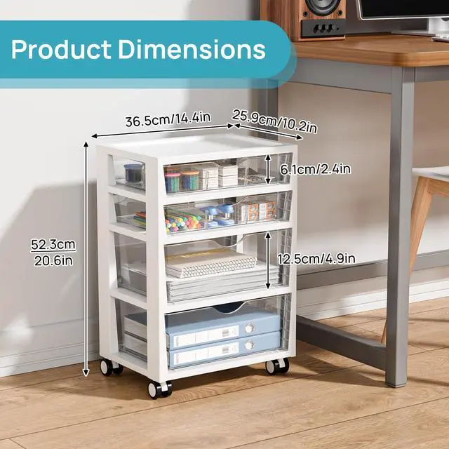 Alt view image 2 of 7 - 4-Tier Plastic Drawer Storage Rolling Cart with Wheels | Clear Drawers, Multiple Size Storage, Visible Organization, Sturdy for Under Desk, Office, Makeup, Crafts & Art Storage