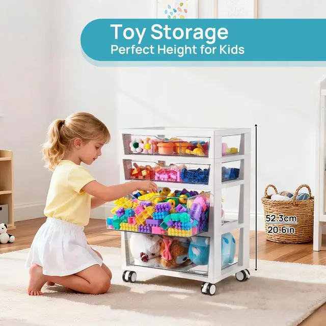 Alt view image 4 of 7 - 4-Tier Plastic Drawer Storage Rolling Cart with Wheels | Clear Drawers, Multiple Size Storage, Visible Organization, Sturdy for Under Desk, Office, Makeup, Crafts & Art Storage
